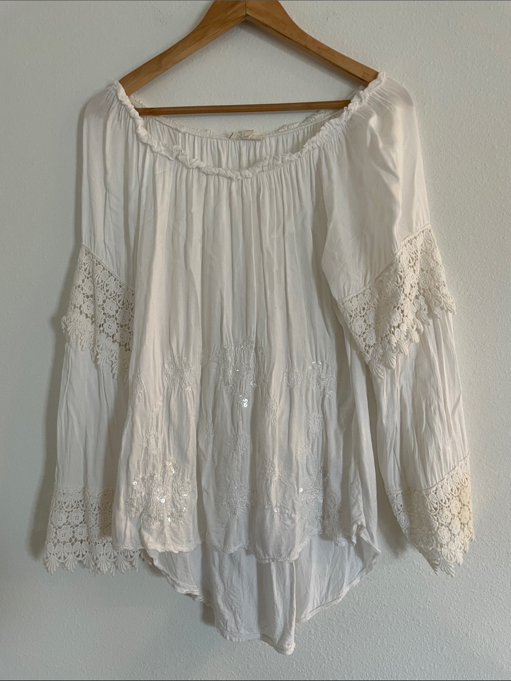 Belle France White Boho Crochet Sleeve Top